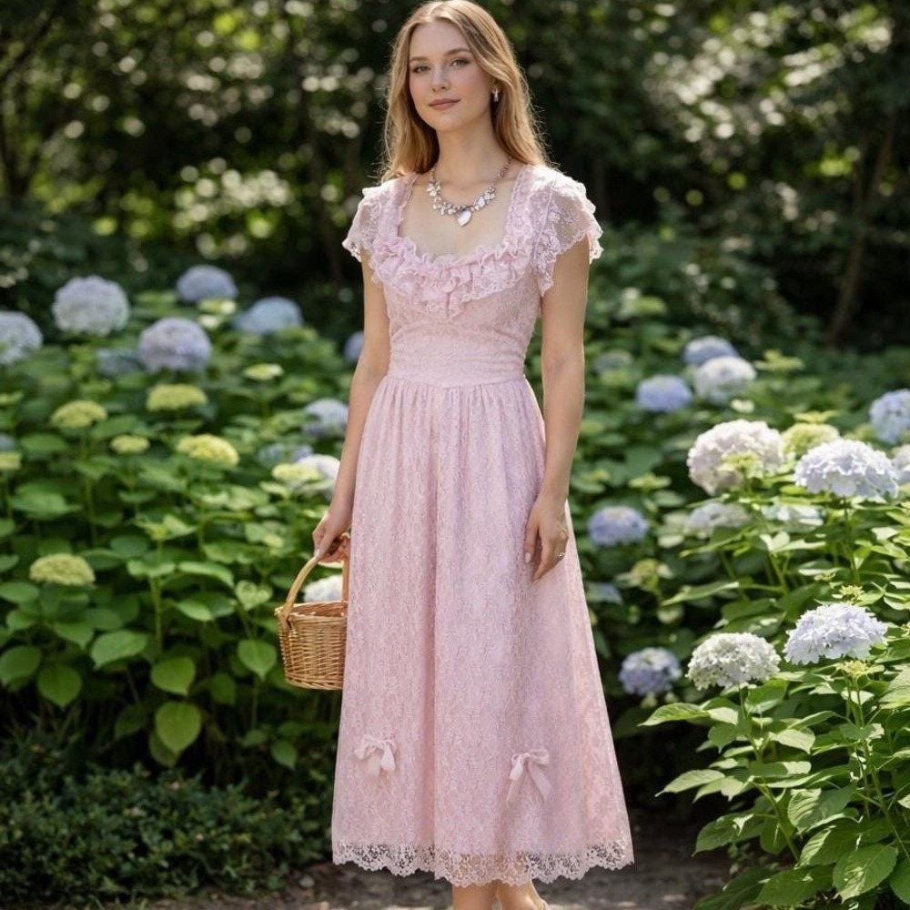 Vintage Pink Lace Dress Sweetheart Neck Cottagecore‎ Romantic S 5/6